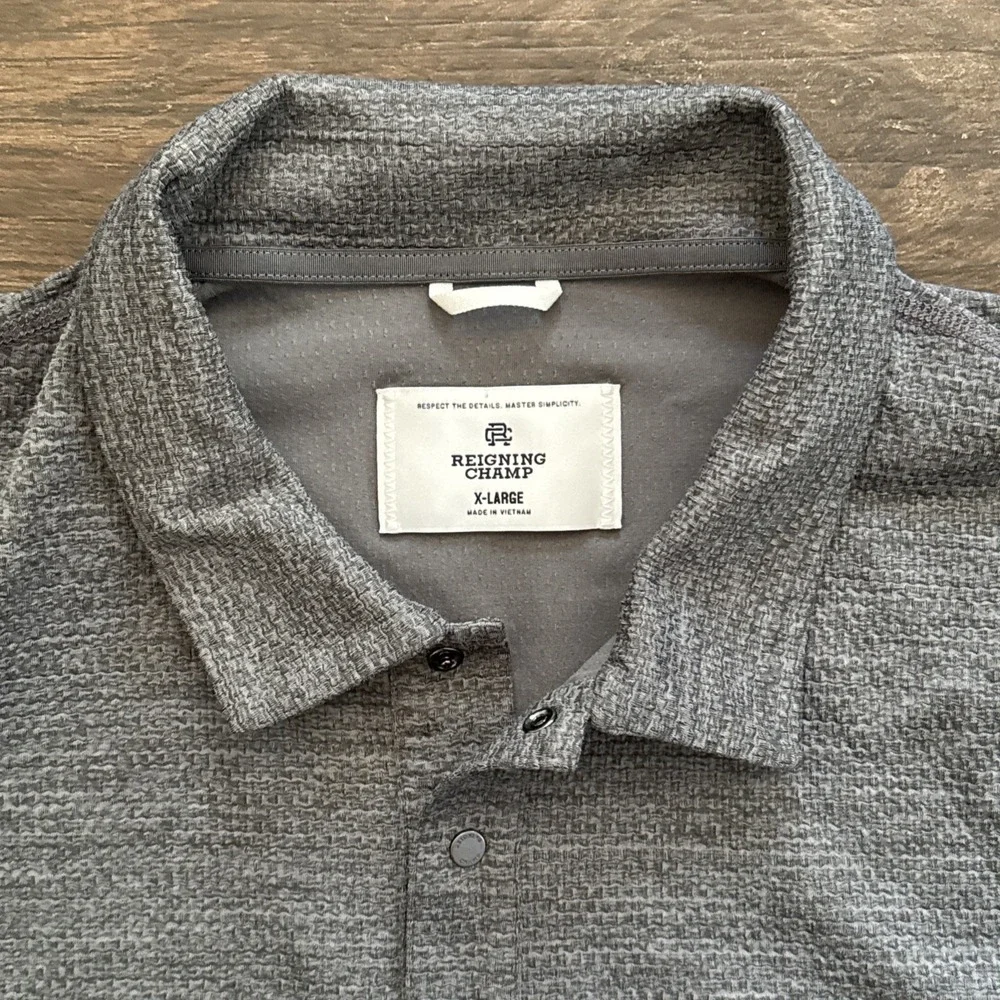 Reigning Champ Polo Shirt Men XL Gray Performance Stretch Snap Solotex - Picture 3 of 8